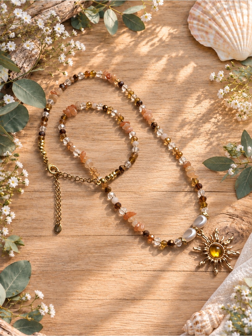 Whimsical Amber toned necklace, handmade